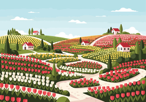 Vibrant tulip fields stretching across rolling hills with charming houses and a clear blue sky.