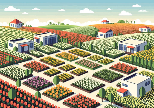 Vibrant agricultural landscape with diverse crops and modern farm buildings under a clear sky.
