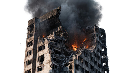 Destroyed concrete apartment building engulfed in flames and smoke, isolated on transparent background © Aliona