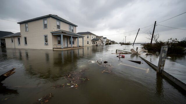 Flooded neighborhood with partially submerged houses and damaged infrastructure under cloudy sky