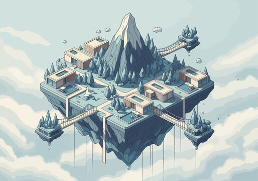 Floating island complex with modern architecture nestled around a snowy mountain peak, connected by bridges.