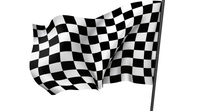Waving checkered racing flag with black and white squares, isolated on transparent background