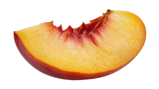 Juicy ripe peach slice with red streaks, isolated on transparent background