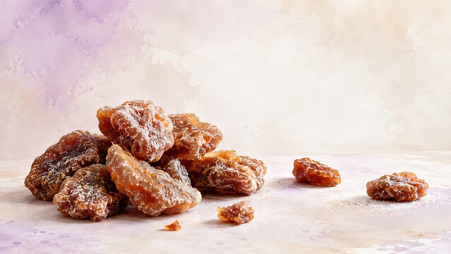Pile of sugared dried ginger pieces on a light pastel background