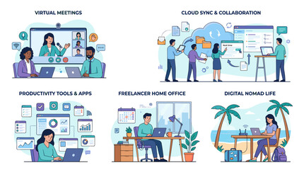 Fototapeta premium Modern Flat Blue and Teal Remote Work Lifestyle Vector Illustration Collection