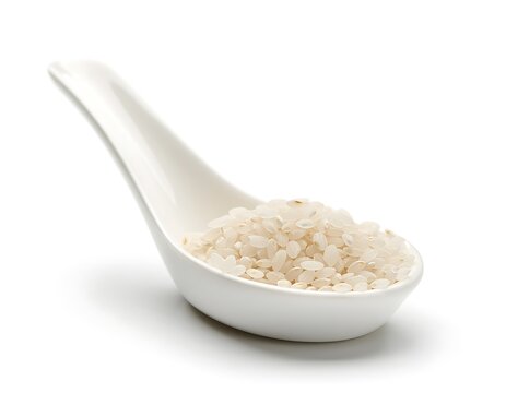 A premium white ceramic spoon filled with high quality raw white rice grains isolated on a clean white background for culinary photography