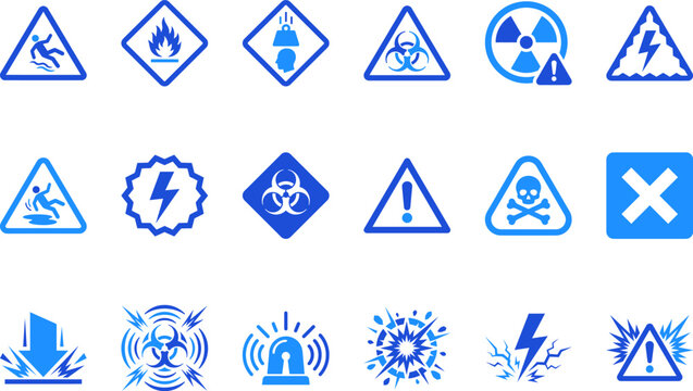 Collection of blue warning and hazard safety signs caution symbols for danger and alert information.