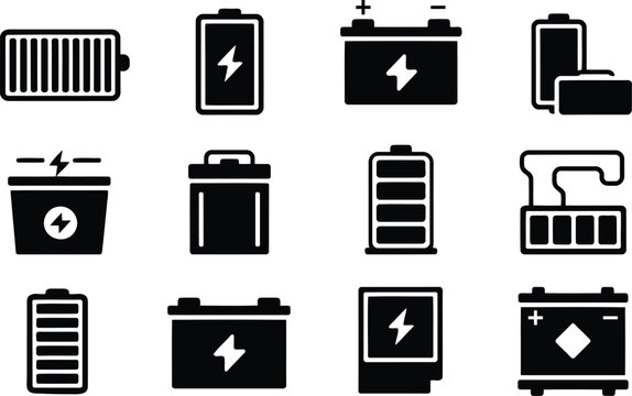 Set of black battery icons showing various types of electrical energy power storage units