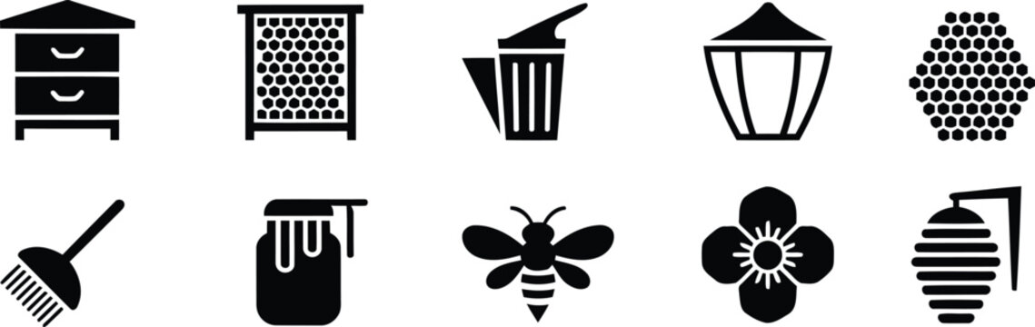 Set of black beekeeping icons including bee hive honey frame and honeycomb symbols