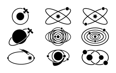 Space Orbit Icons: Celestial Bodies, Satellites, Planets, Comets, Galaxies, Solar Systems, Atomic Models, Vector Graphics © Touhidul