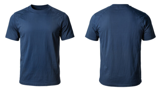Navy blue short-sleeved crew neck t-shirt front and back view, isolated on transparent background