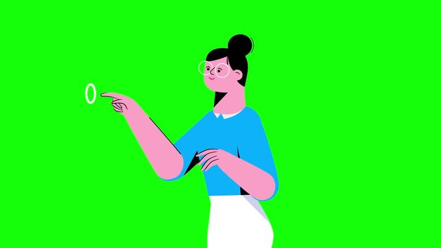 Woman clicking something else on green screen. Cartoon animation of happy flat design explainer video black hair businesswoman character female smiling finger palm press in space greenbox isolated.