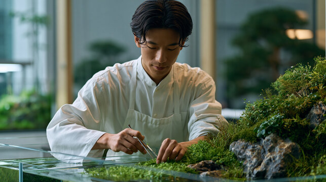 aquascape artist arranging foreground carpet plants in competition tank at trade show using long tweezers with precision planted aquarium judging table professional aquascaping