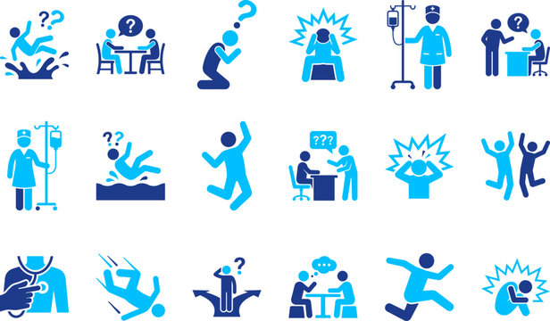 Set of blue icons showing people in difficult situations, stress, medical care, and confusion.