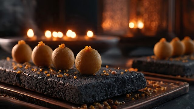 Golden brown roasted chestnuts in a wire basket over hot coals.