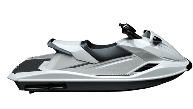 Sleek white personal watercraft with black seat, isolated on transparent background