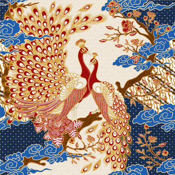 Batik Concept with Peacocks and Floral Ornaments