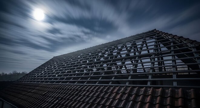 Roof Framing Structure Under Night Sky with Full Moon
