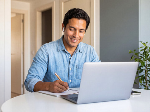 Smiling young man working efficiently from home with his laptop and notebook, wearing wireless earbuds.
