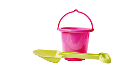 Bright pink plastic bucket and lime green shovel, isolated on transparent background © Aliona
