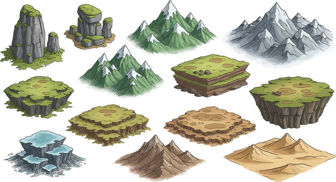 Isometric game terrain assets featuring mountains, floating islands, desert dunes, and icy platforms for map design vector illustration.