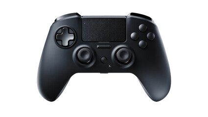 Black modern video game controller with textured grips, isolated on transparent background © Sorin