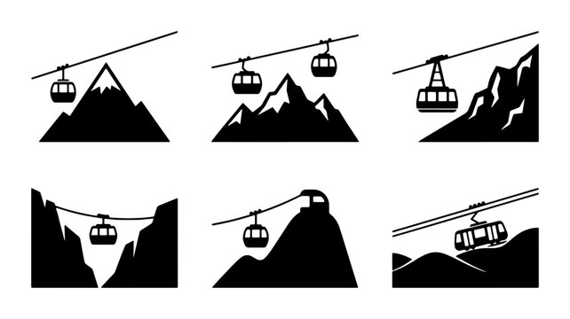 Ski Lift Cable Car Icons, Mountain Gondola Vector Set, Aerial Tramway Transportation Graphics