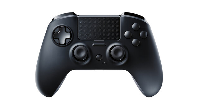 Black modern video game controller with textured grips, isolated on transparent background