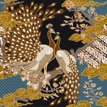 Batik Concept with Peacocks and Floral Ornaments