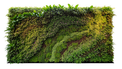 Lush vertical garden wall with diverse green foliage and exposed roots, isolated on transparent background © Aliona