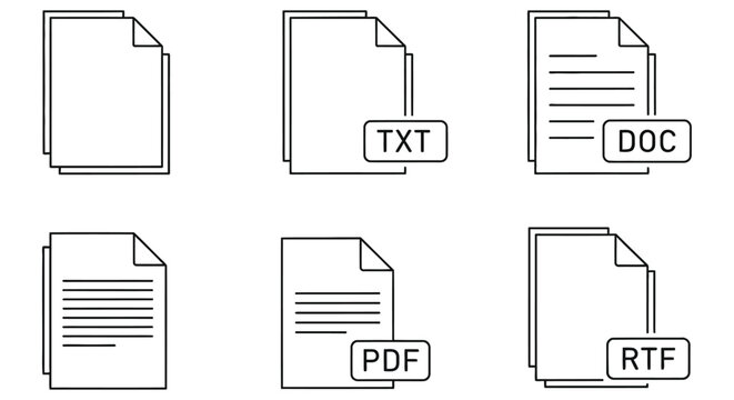Document file icons with text labels black line style on white background