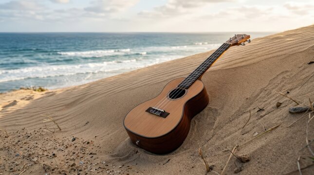 Ukulele Rests on Sandy Dunes with Ocean Waves in Background