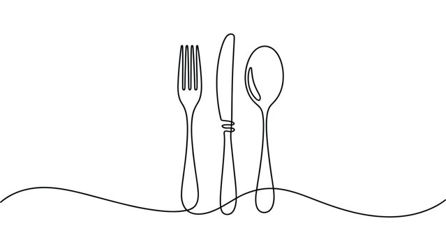 continuous one line drawing of fork spoon and knife minimalist dining cutlery illustration restaurant table setting concept isolated vector design 