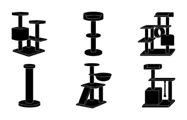 Modern Cat Tree Silhouettes, Pet Furniture Vector Icons, Play Structures for Felines, Cozy Climbing Towers © Tanzina