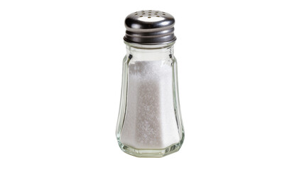 Glass salt shaker with metal lid filled with white crystalline salt, isolated on transparent...