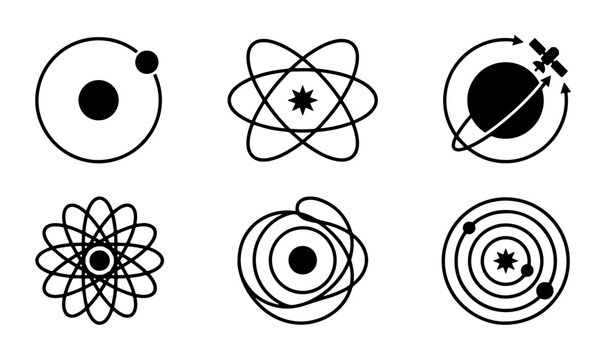 Atom Icons Set, Atomic Structure Vector Graphics, Science Symbols Collection, Orbiting Satellite and Nucleus Illustrations