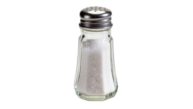 Glass salt shaker with metal lid filled with white crystalline salt, isolated on transparent background