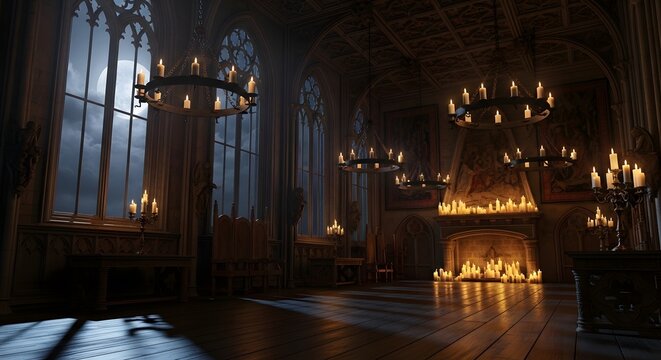 Grand gothic ballroom interior with lit chandeliers and candles