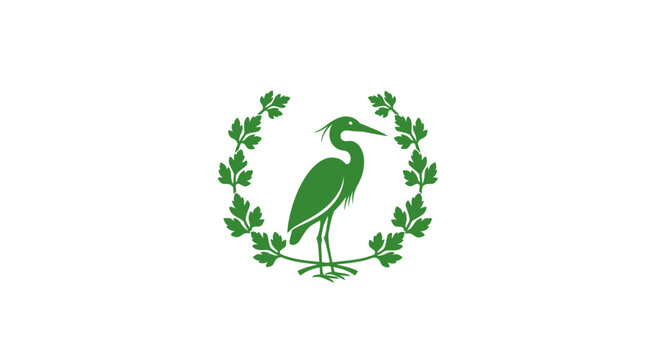 Green heron surrounded by laurel leaves emblem.