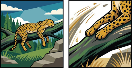 Cheetah Animal Vector Illustration Set with Nature Scenery and Motion Lines for Copy Space © Jebiner