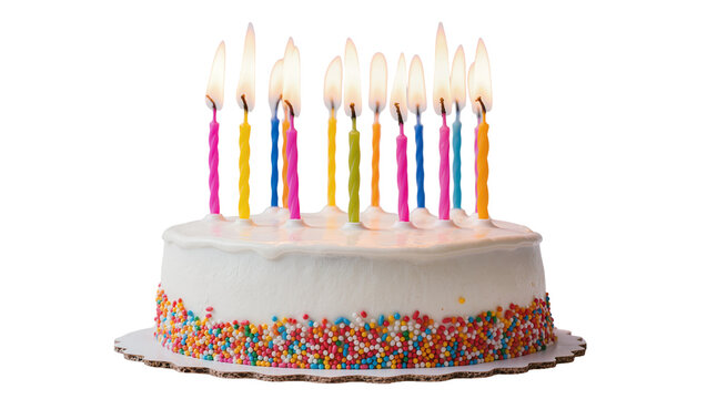 White frosted birthday cake with colorful sprinkles and lit candles, isolated on transparent background