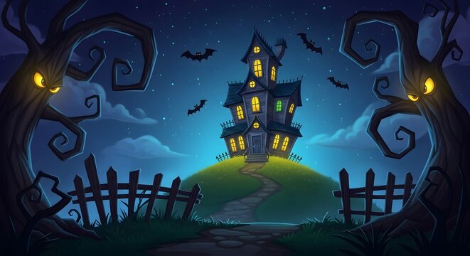 A whimsical cartoon illustration of a spooky haunted house on a hill at night with glowing windows, bats, and scary trees