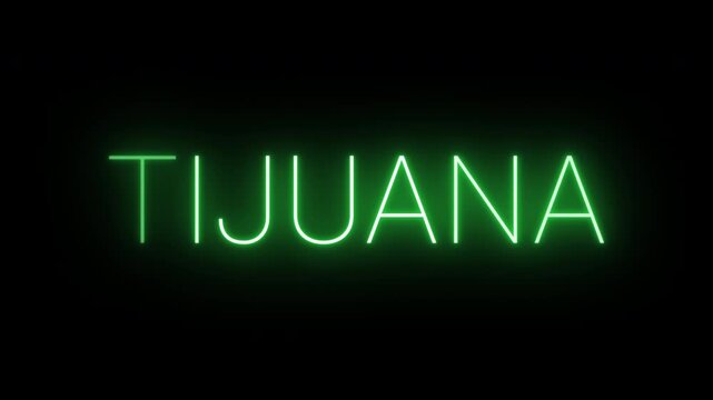 Flickering neon green glowing tijuana sign animated black background.