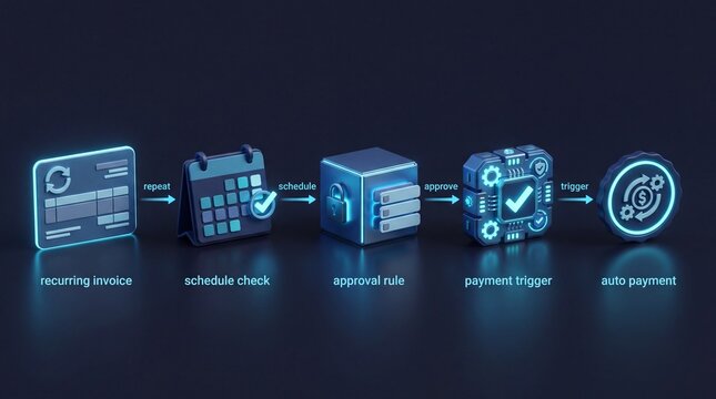 Futuristic 3d rendering of automated recurring billing workflow invoice schedule approval payment trigger and auto payment icons with neon glow on dark background