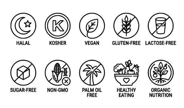 Dietary certification and healthy food outline icons vector set isolated on white
