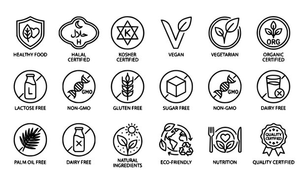 Healthy food halal kosher vegan thin line icon set vector illustration
