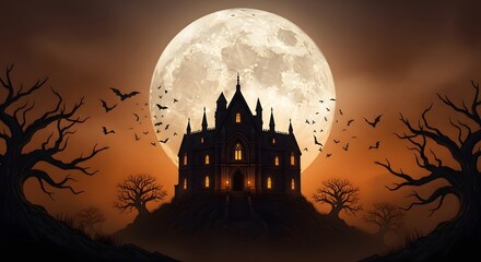 Fototapeta premium Spooky haunted mansion under a giant full moon with bats and bare trees at night
