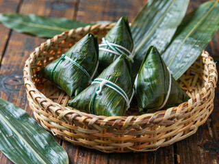 Obraz premium Fresh Zongzi in a Bamboo Basket