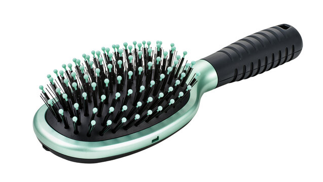 Oval hair brush with black bristles and mint green tips, isolated on transparent background