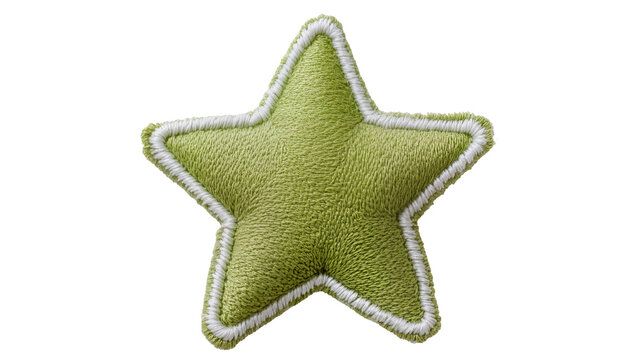 Plush green star shape with white embroidered trim, isolated on transparent background